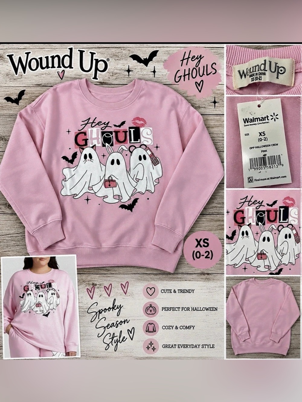 Wound Up Hey Ghouls Pink Halloween Sweatshirt XS NWT 👻🩷